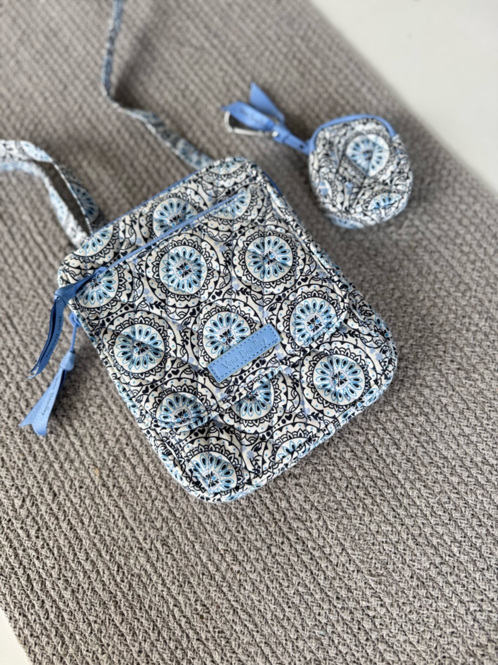 Vera Bradley Blue White Black Floral Quilted Cotton Crossbody Bag with Mini Bag
